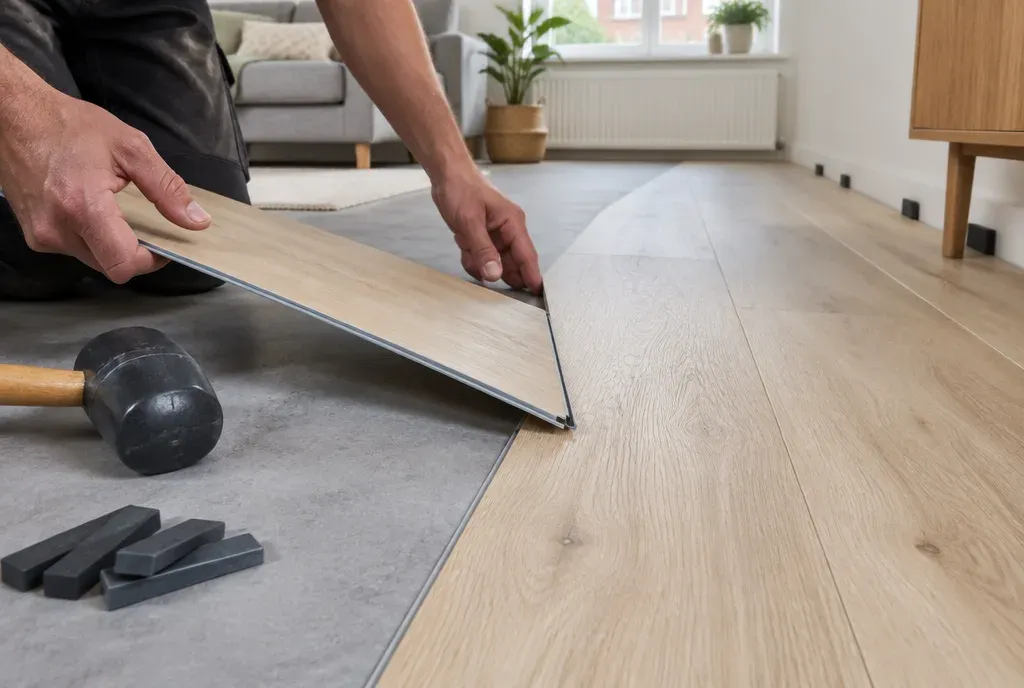 Close-up van pvc planken met een houtlook die in een woonkamer worden gelegd.