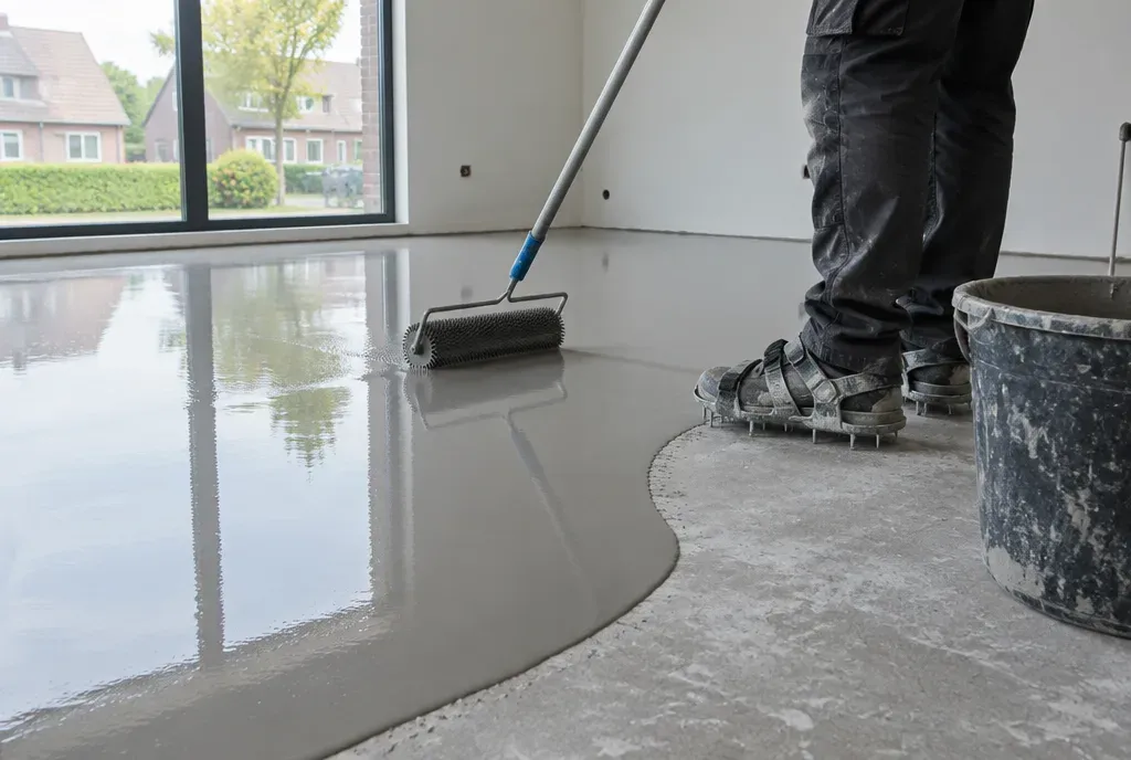 Vloeibare egaline wordt uitgesmeerd over een betonvloer in een lege woonkamer.