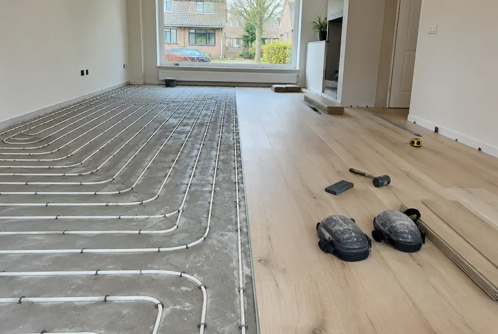 Vloerverwarming in de dekvloer naast nieuw gelegde pvc planken in een woonkamer.